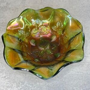 Northwood Green Carnival Glass Strawberry Ruffled Bowl Iridescent 7.25 Inch